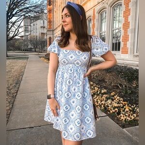 Born on Fifth x Antonio Melani Camille Blue & White Puff Sleeve Mini Dress